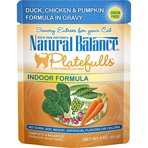 Natural Balance Platefulls Indoor Duck, Chicken & Pumpkin Cat Food in Gravy | Premium Grain-free Wet Food for Indoor Cats | 3-oz. Pouch (Pack of 24)
