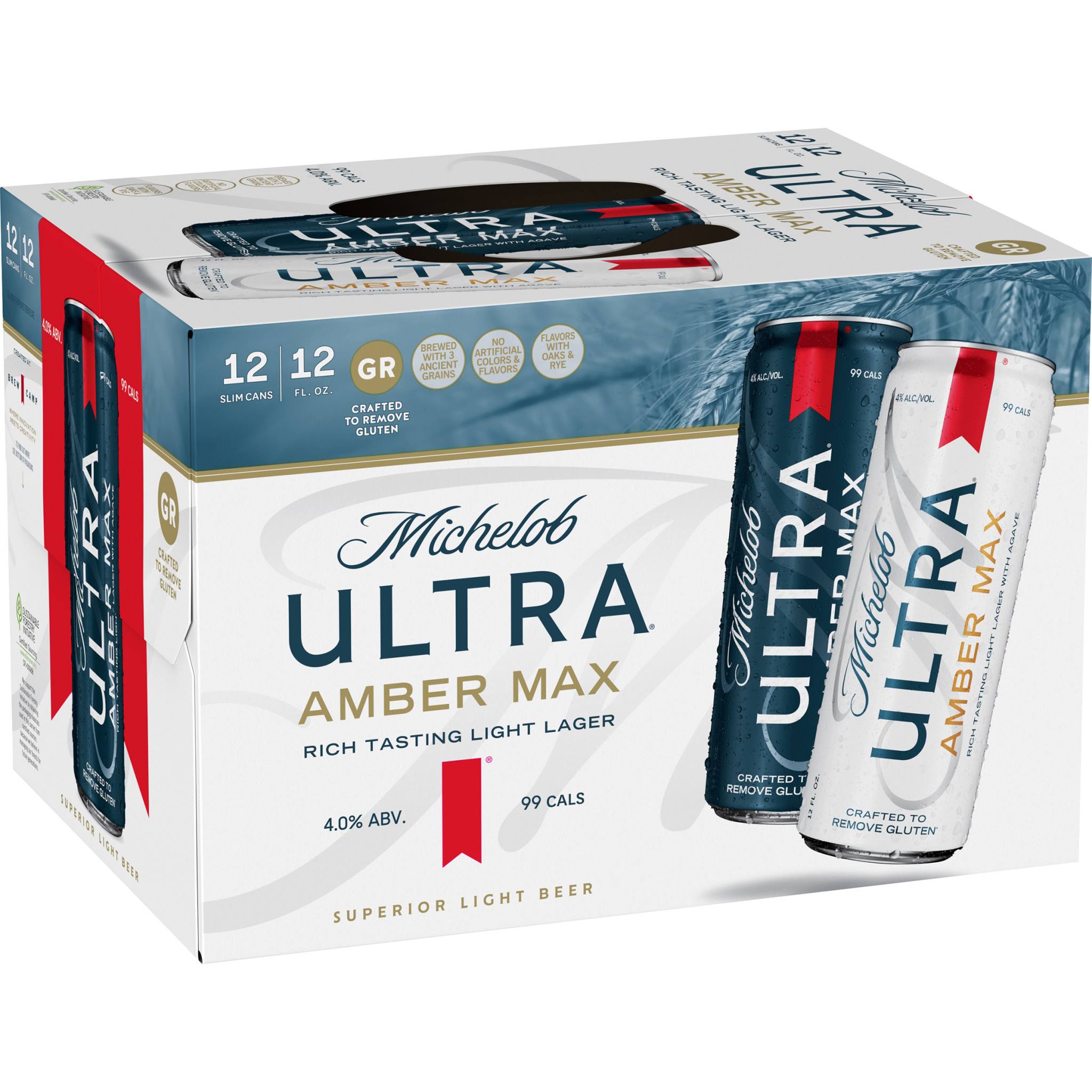 Michelob Ultra Beer, Amber Max, Superior Light - 12 pack, 12 fl oz slim cans