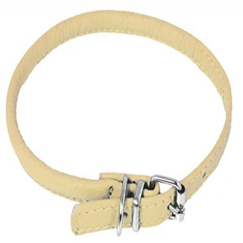 Dogline Round Leather Dog Collar - Beige, 8-10" x 0.25"