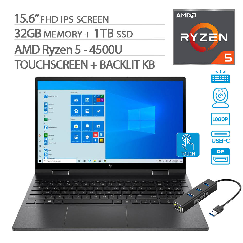 HP Envy x360 2-in-1 Touchscreen Laptop, 15.6" IPS FHD, Ryzen 5-4500U 6-Core Up to 4.00 GHz, 32GB Ram, 1TB Ssd, USB-C/DP, HDMI 2.0, Backlit KB, W