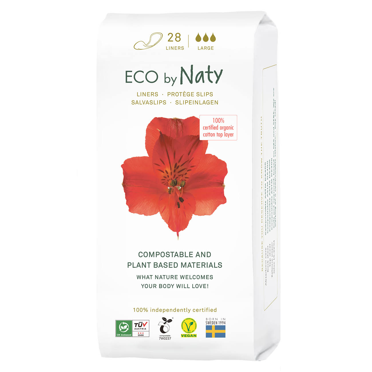 Naty Eco by - Organic, Compostable Panty Liner, Normal 32ct - Size 28