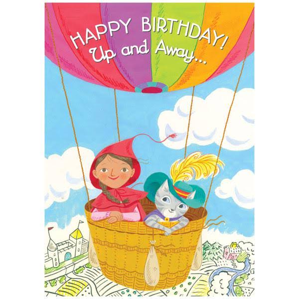 eeBoo Birthday Card Little Red and Cat in Balloon