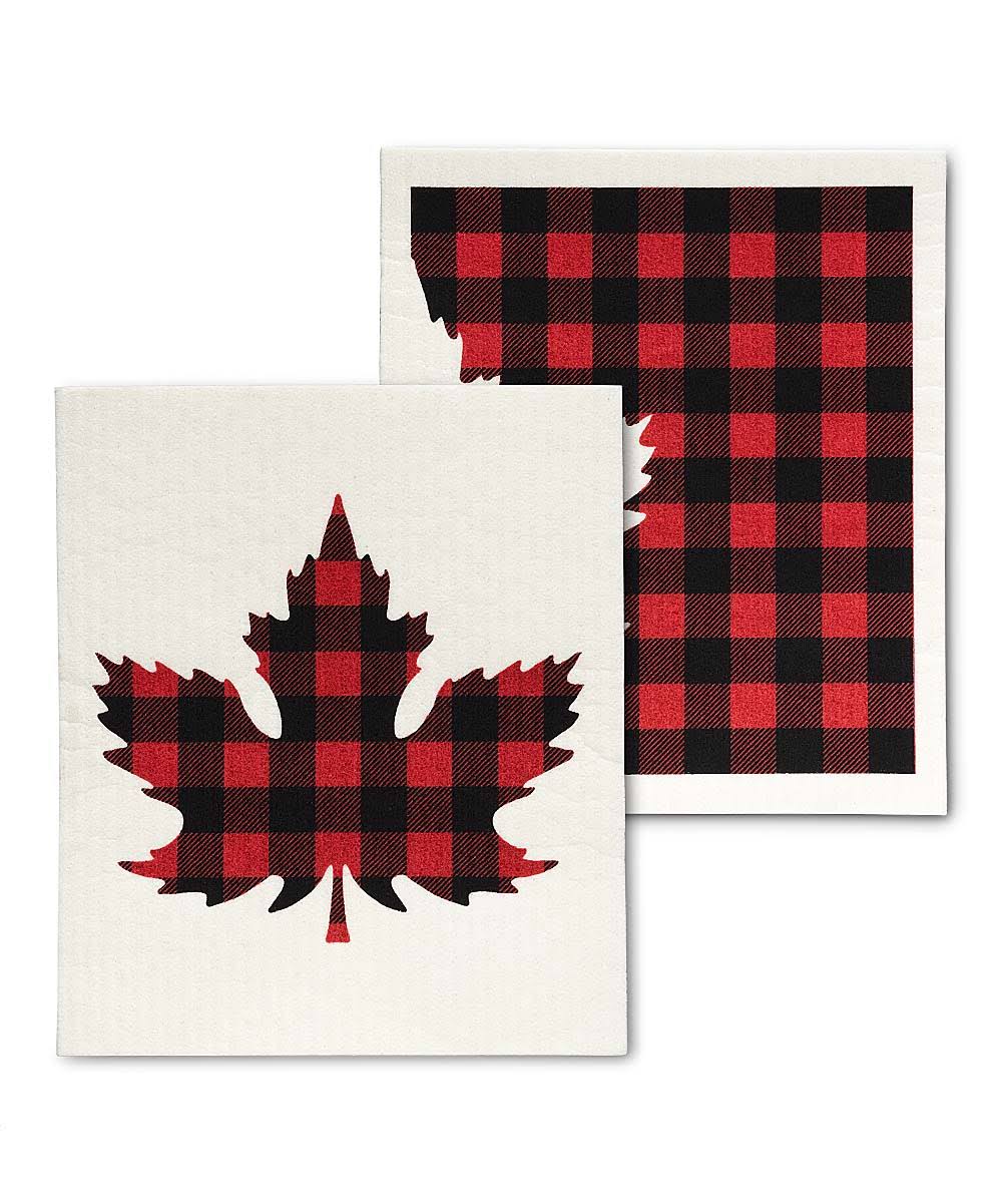 Abbott Collections AB-84-ASD-AB-74 6.5 x 8 in. Buffalo Check Maple Leaf Dishcloths Red & Black - Set of 2