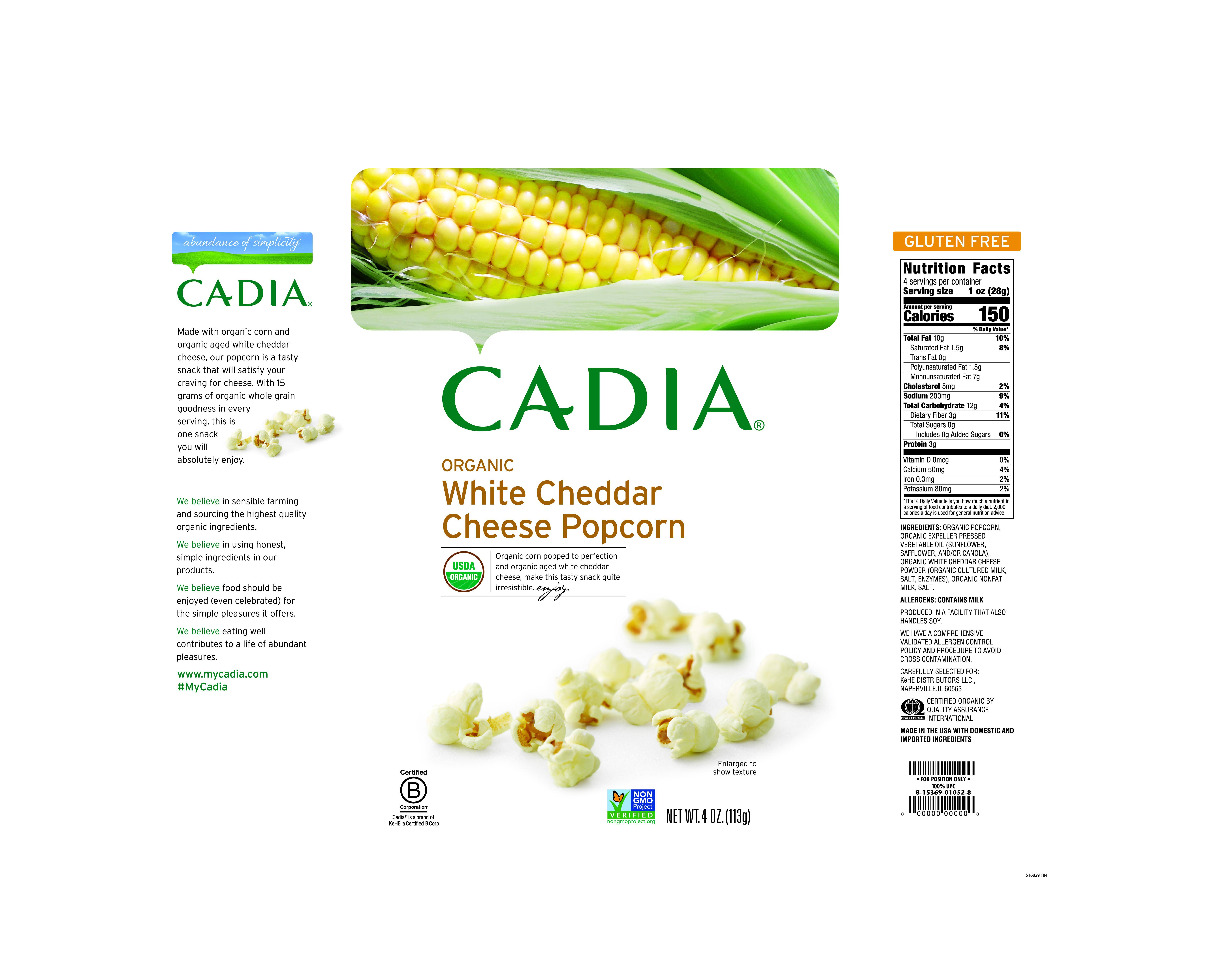 Cadia Popcorn, Organic, White Cheddar Cheese - 4 oz