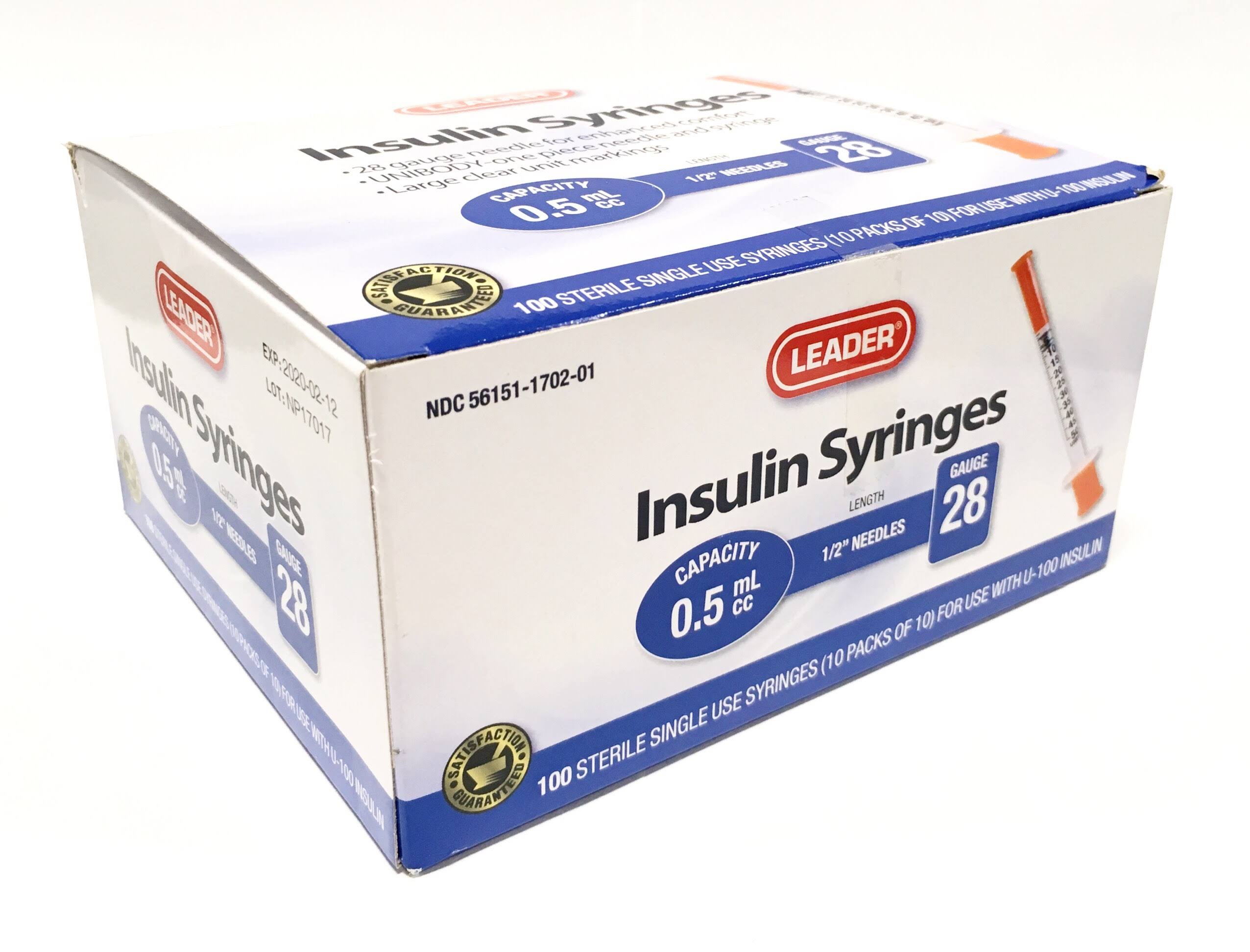Cardinal Health Leader U-100 Insulin Syringe 28 Gauge, .5cc, 1/2"- 100ct (Formally GNP) (1-4 Box)