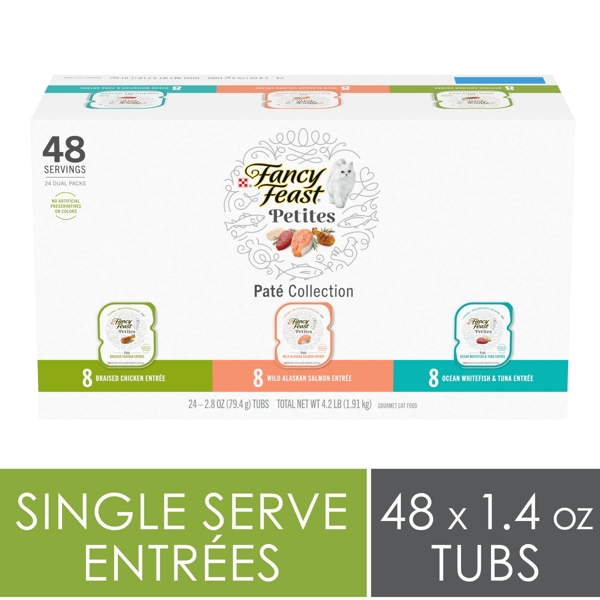 Purina Fancy Feast Gourmet Wet Cat Food Variety Pack, Petites Pate Collection, break-apart tubs, 48 servings - (24) 2.8 oz. Tubs