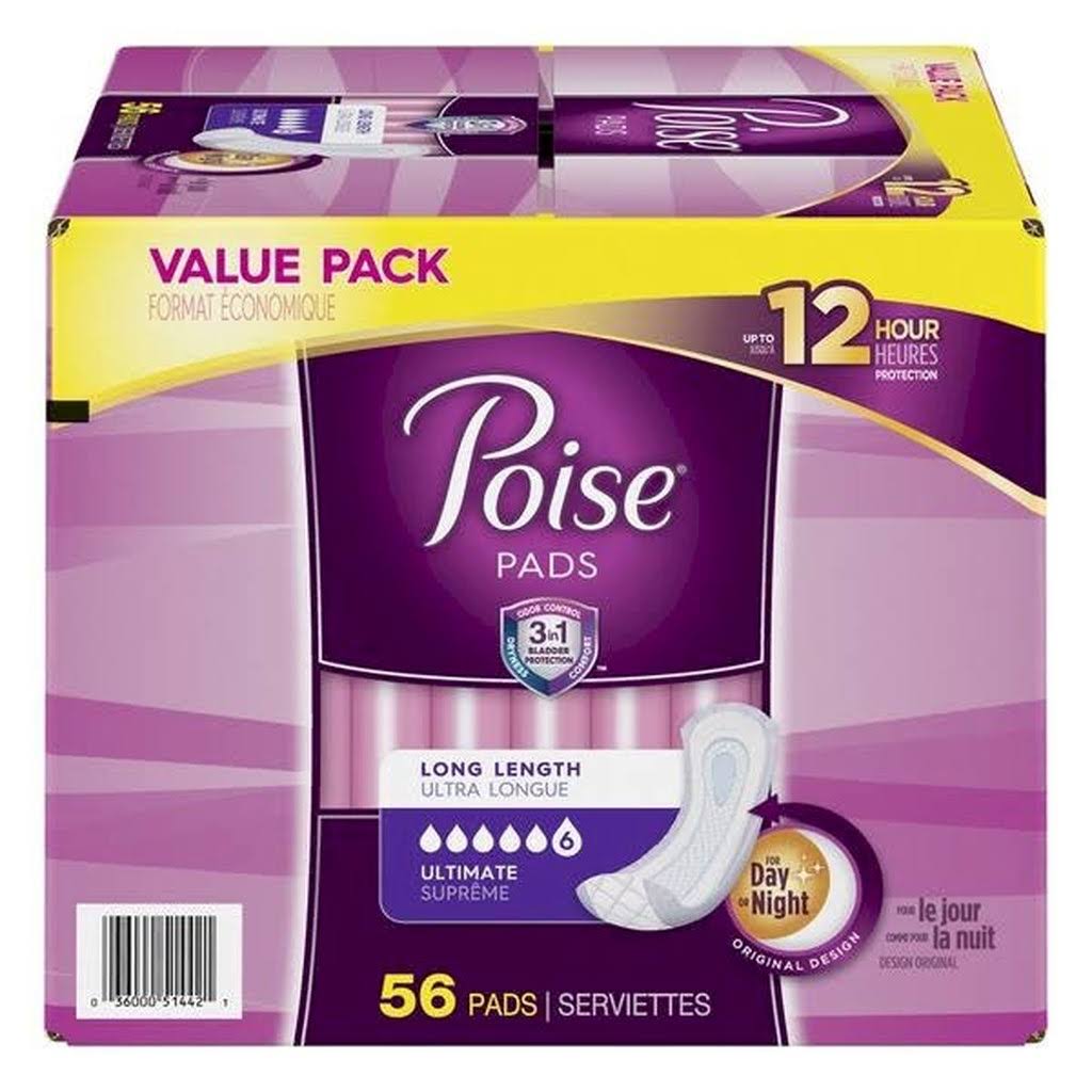 Poise Pads, Ultimate, Long Length, Value Pack - 56 pads