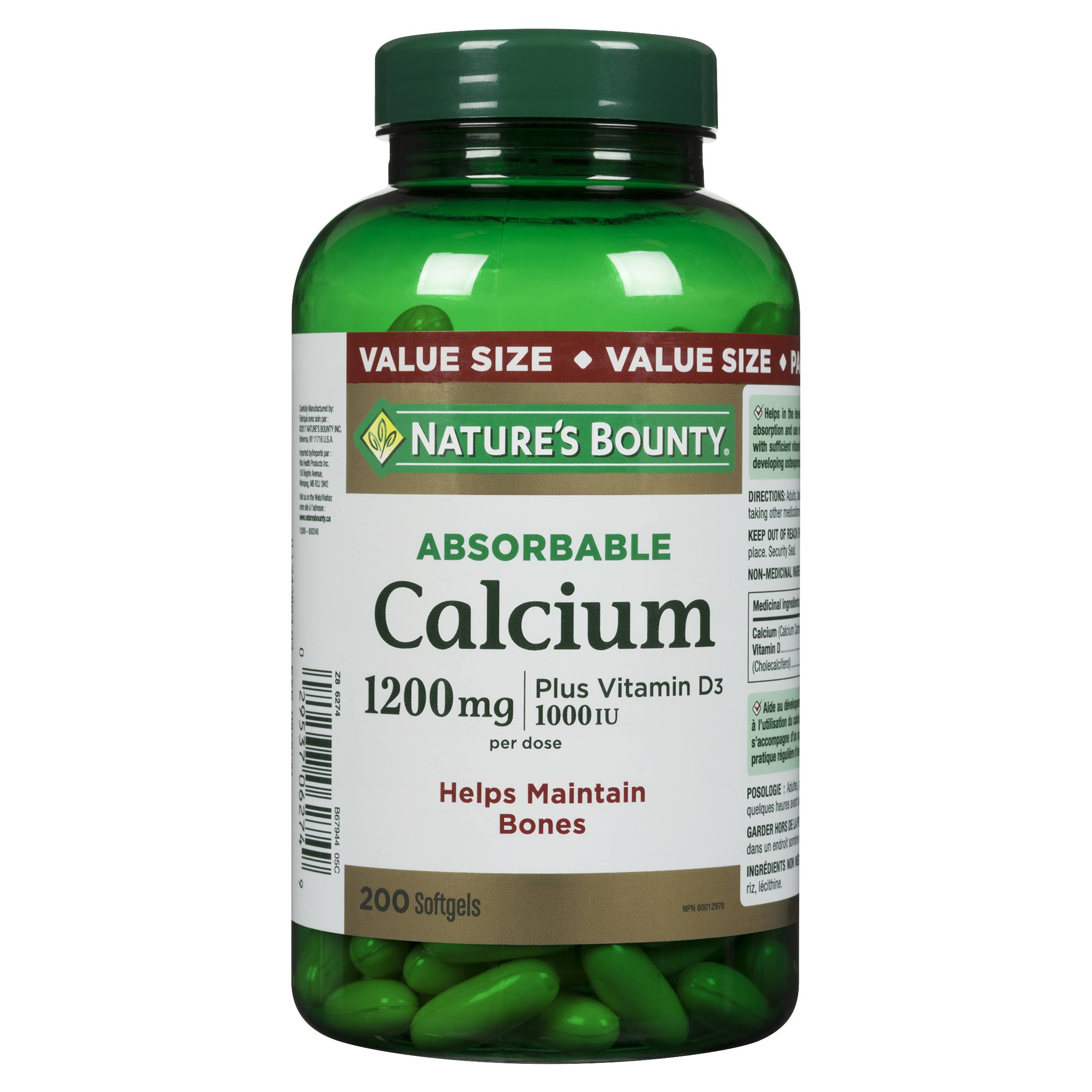 Nature's Bounty Calcium Pills Plus Vitamin D3 Supplement - 200 Softgels