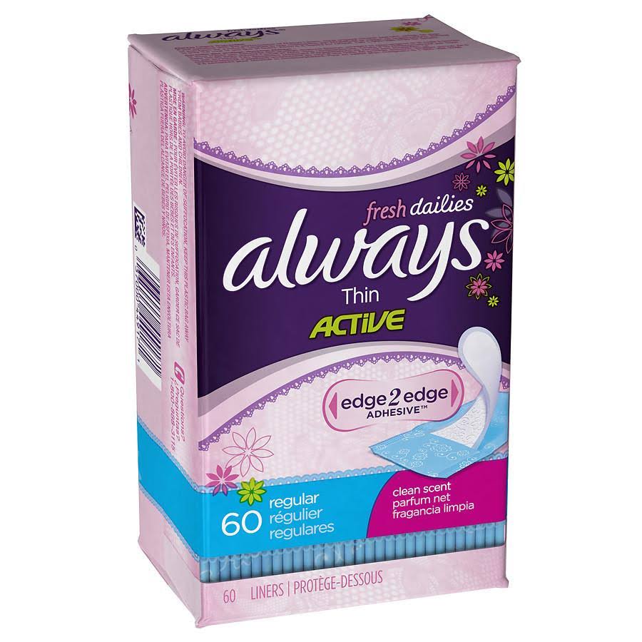 Always, Thin Active Dailies, Regular, Clean Scent, 60 Liners