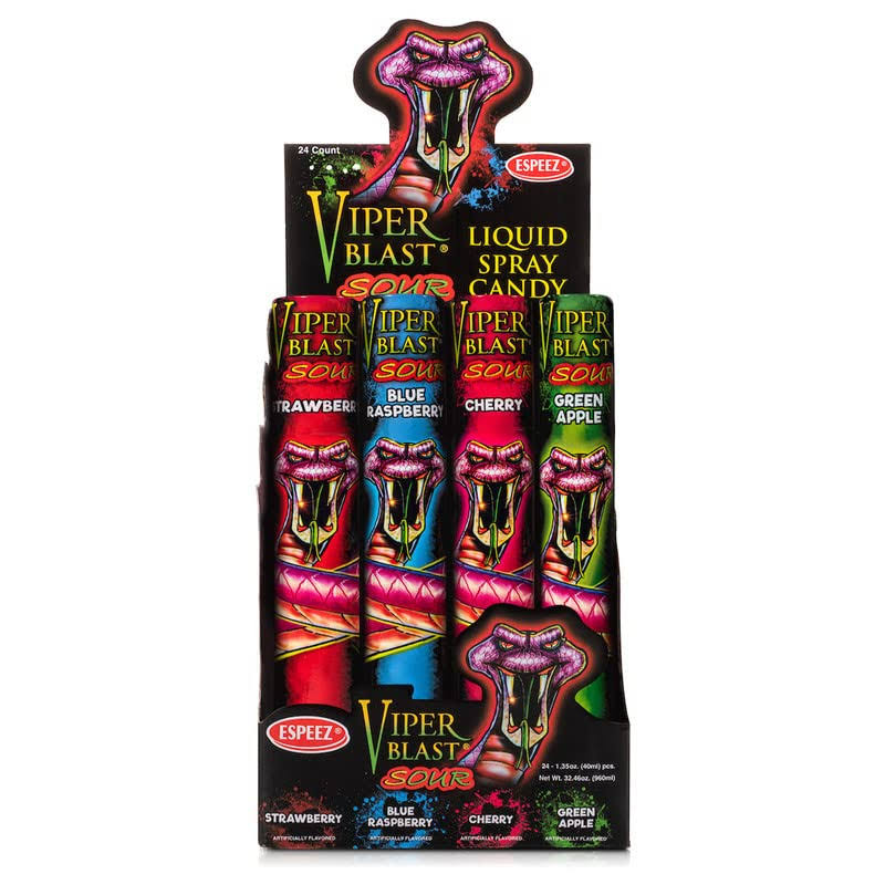 Viper Blast - 24 Pieces Individually-Packed Spray Sour Candy Bottles - 4 Flavors: Strawberry, Blue Raspberry, Cherry, Green Apple - Halloween Treats,