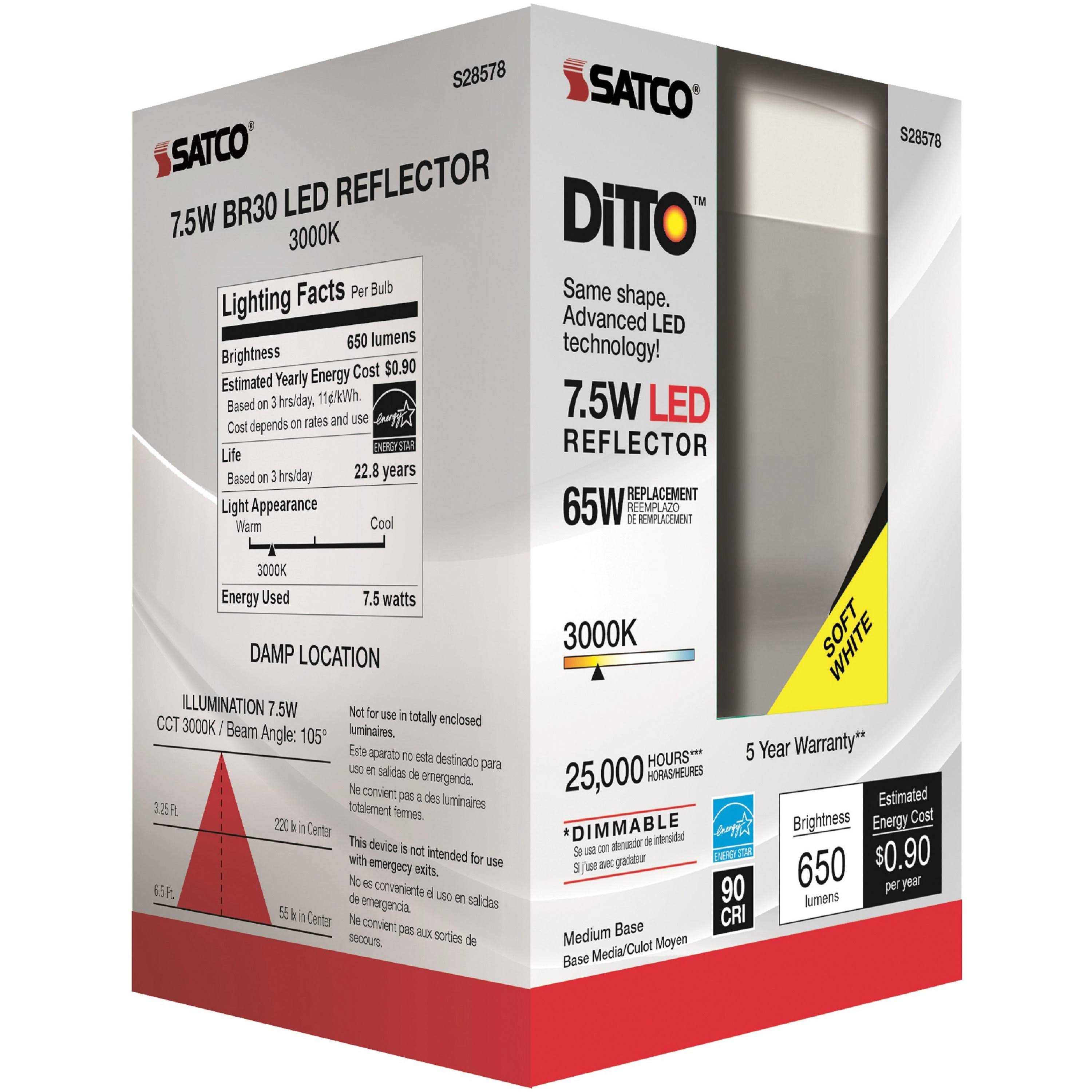 Satco S28578 | 7.5W LED BR30 / R30 Flood Light High CRI 3000K Dimmable