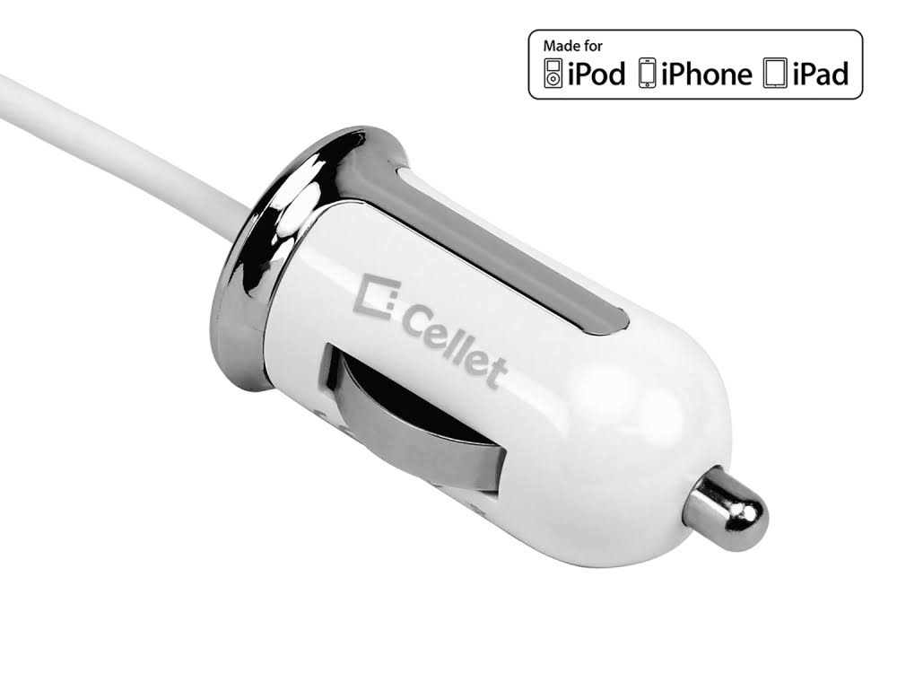 Cellet Ultra Compact Apple MFi Certified 2.4a / 12watt Lightning 8 Pin Car Charger-White
