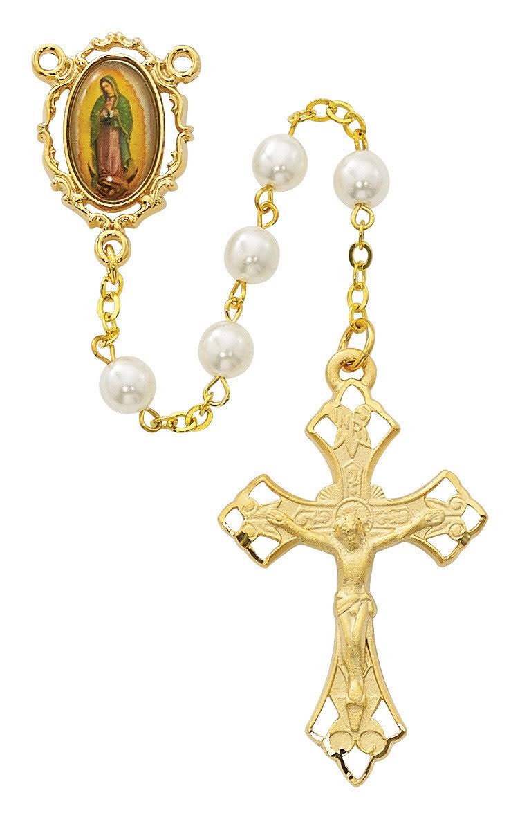 Pearl Like Glass Guadalupe Rosary Boxed