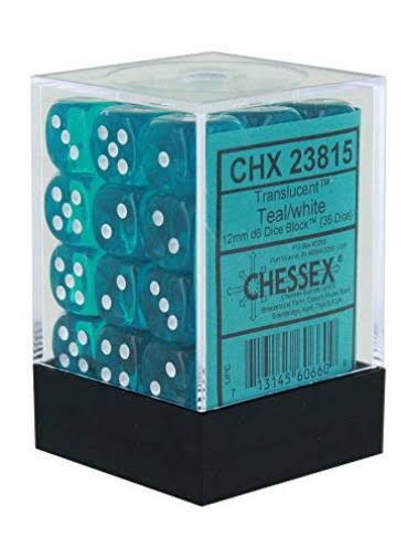 Chessex CHX23815 Dice-Translucent: 36D6 Set, 12 mm, Teal/White