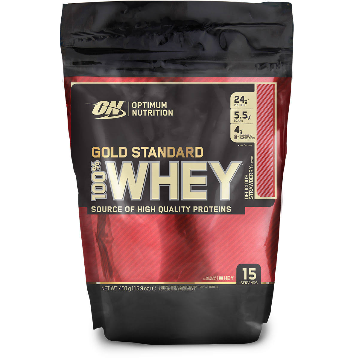 Optimum Nutrition Gold Standard 100 Percent Whey Delicious Dietary Supplement - Strawberry Flavor, 450g