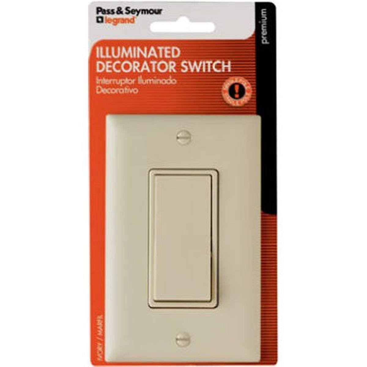 Pass & Seymour Single Pole Premium Grade Decorator Lighted Switch - Ivory