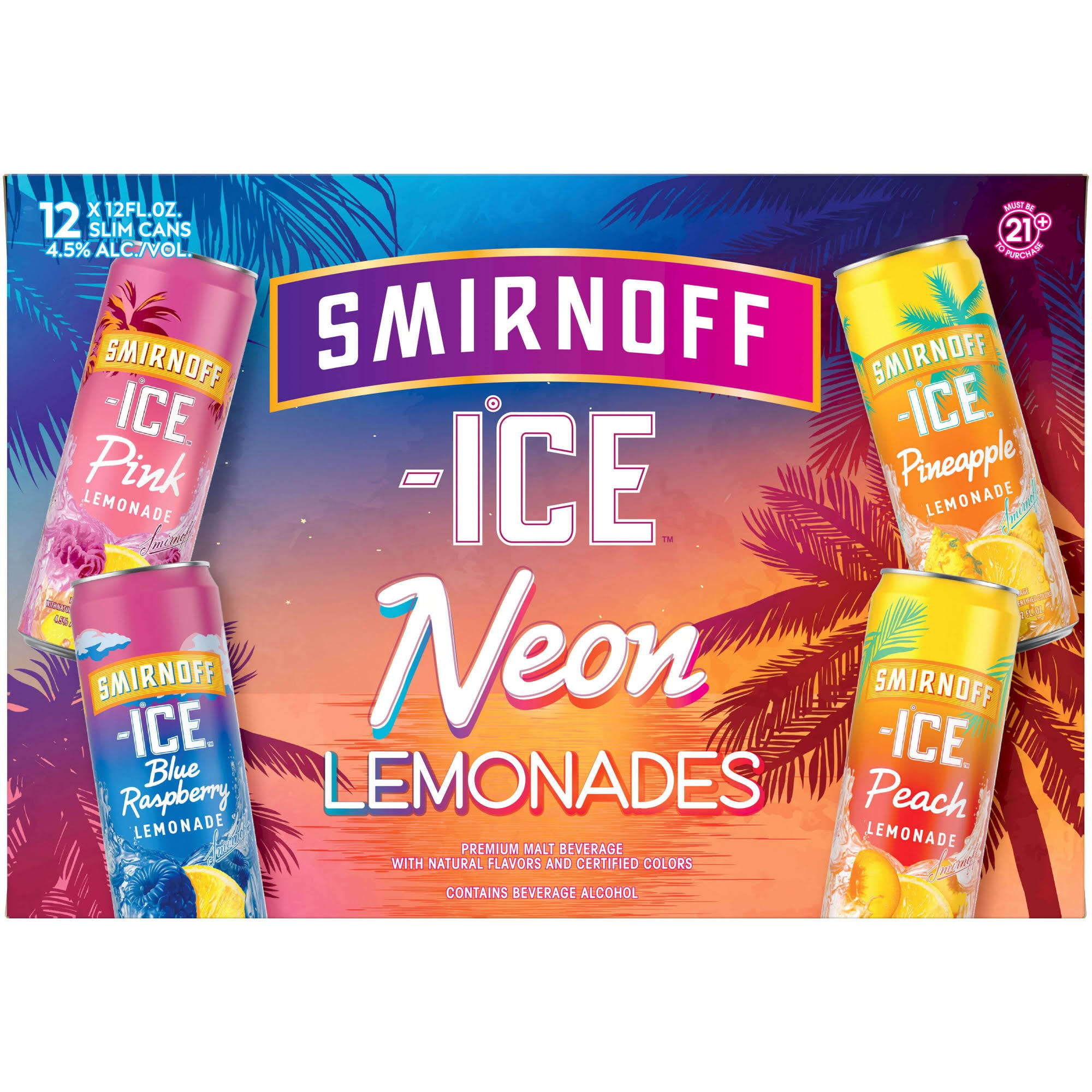 Smirnoff Ice Malt Beverage, Neon Lemonades - 12 pack, 12 fl oz slim cans