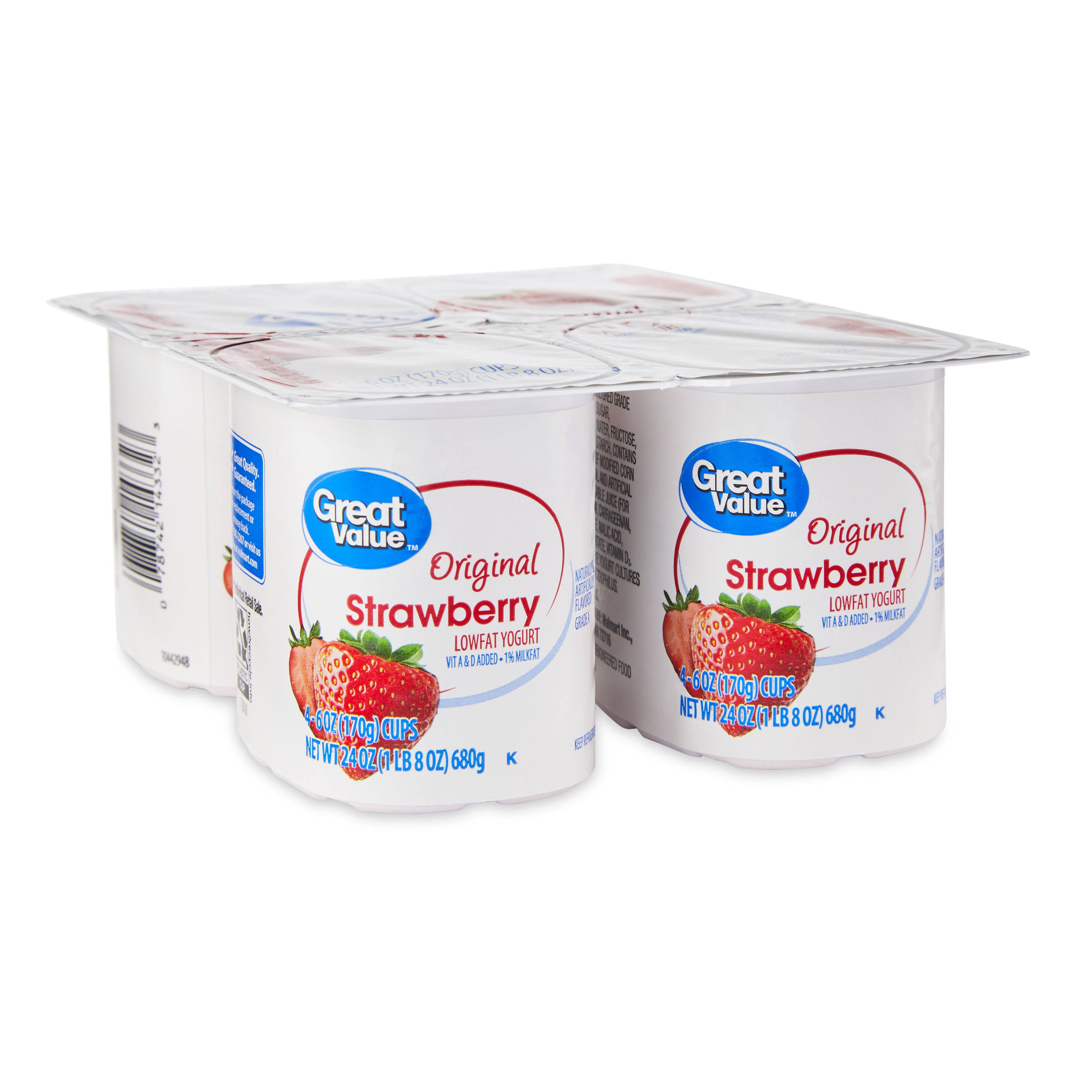 Great Value Yogurt, Original, Lowfat, Strawberry - 4 pack, 6 oz