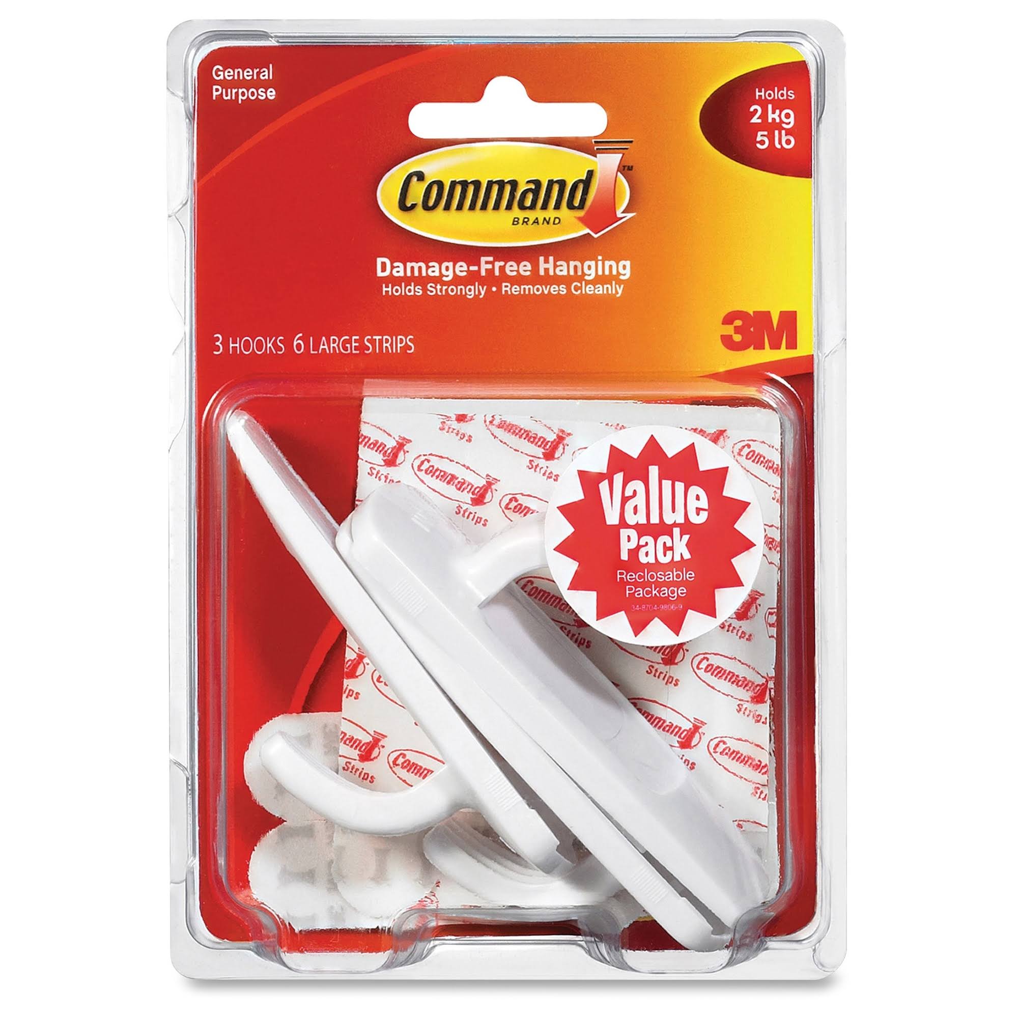 Command Utility Hook - White, 3 Hooks, 6 Large Strips