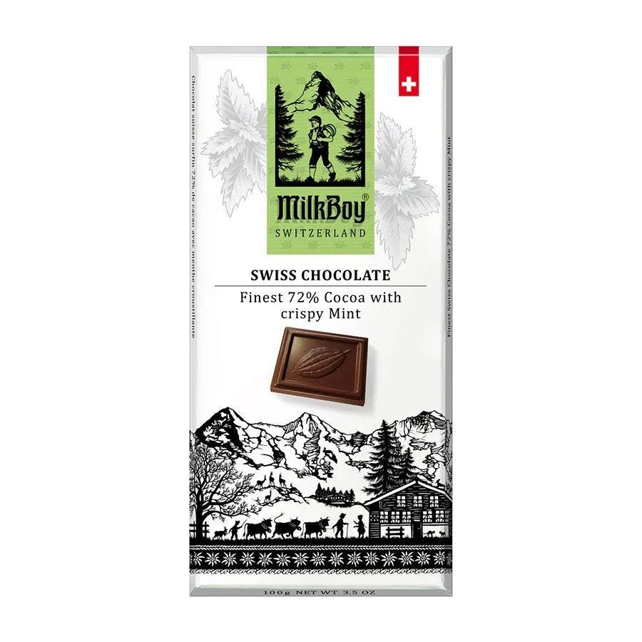 Milkboy 72% Swiss Dark Chocolate with Crispy Mint 3.5 oz
