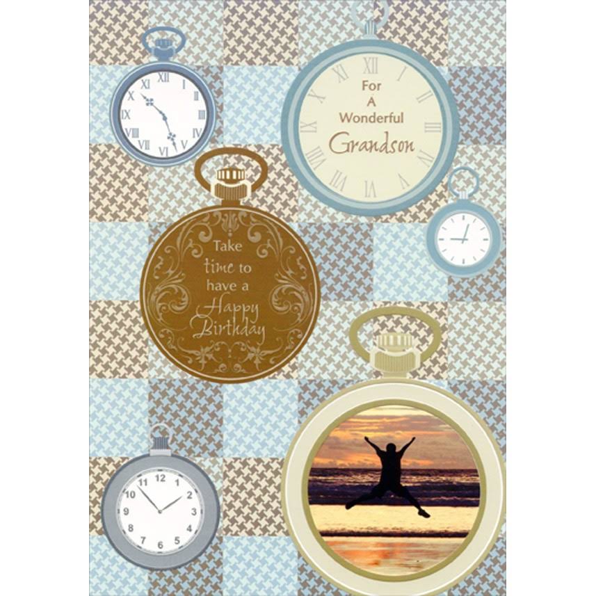 Stop Watches and Jumping Silhouette Grandson Birthday Card