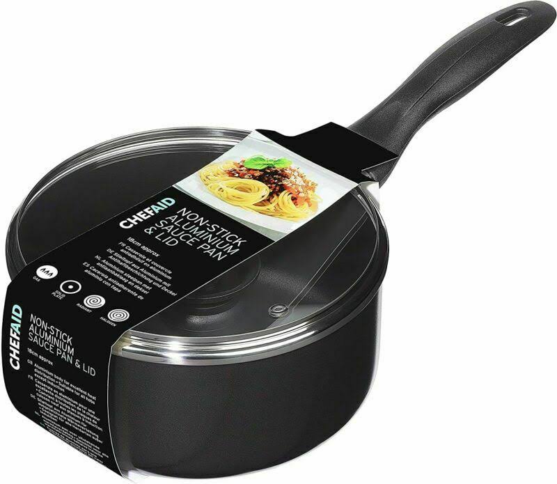 Chef Aid 18cm Non-Stick Aluminium Sauce Pan & Lid, Black