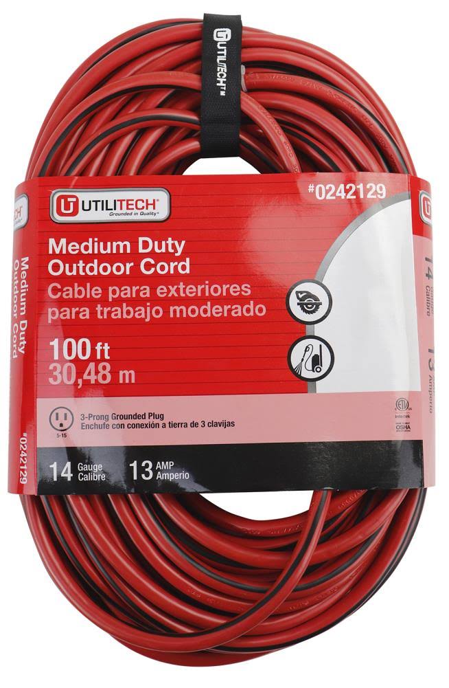 Utilitech 100-ft 14/3 3-Prong Outdoor SJTW Medium Duty General Extension Cord in Red | UTK506735
