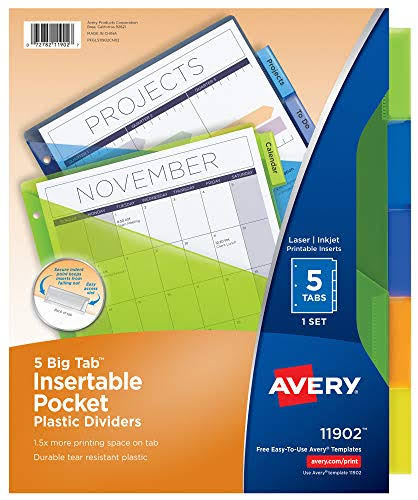 Avery 11902 Plastic Pocket Insertable Tab Dividers - 5 tab set