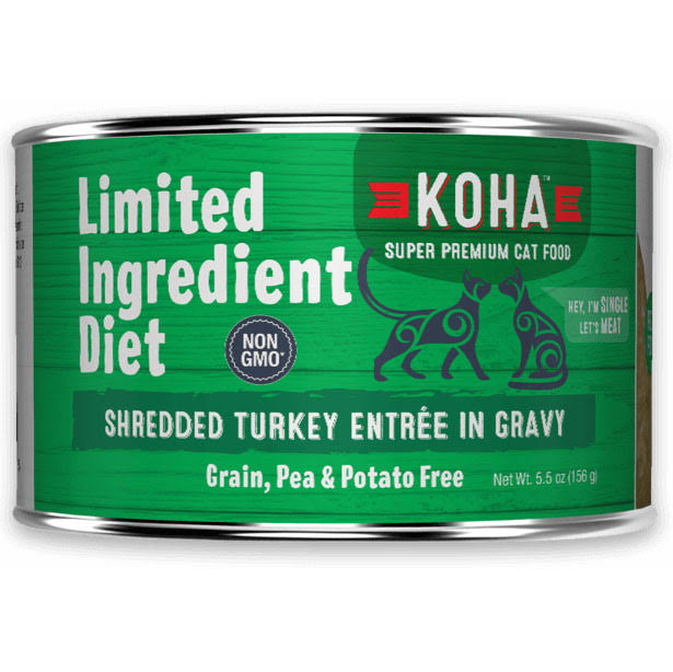KOHA, Limited Ingredient Diet Shredded - All Breeds, Adult Cat. Turkey Entrée in Gravy Recipe. 5.5 oz