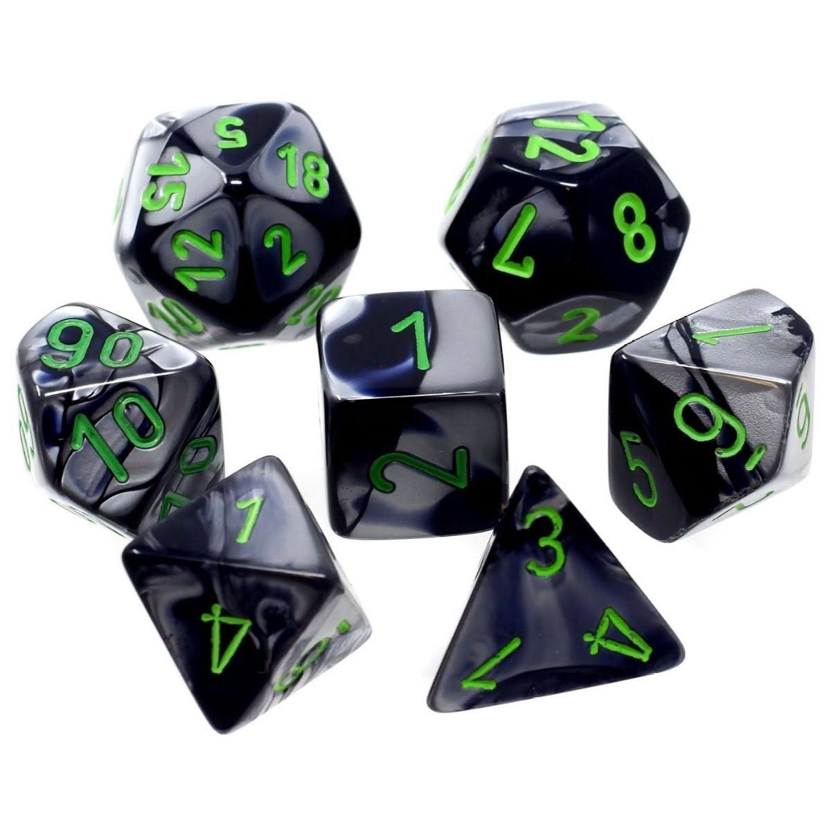 Chessex Polyhedral Gemini Dice Set - Black, Grey with Green, 7ct