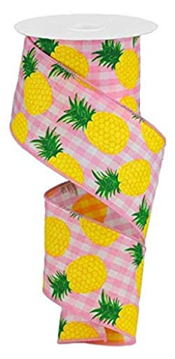Pineapples on Woven Check Wired Edge Ribbon, 10 Yards (Pink, 2.5 inch)
